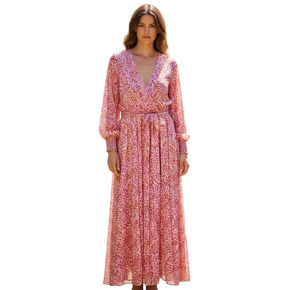 ALEXA B Women's 14 Maxi Dress Chiffon Orange Pink Leaves Tie Belt Long Sleeve 40